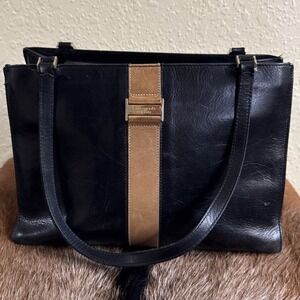 Vintage Kate Spade New York Black Leather Tan Stripe Sydney Purse Made In Italy‎